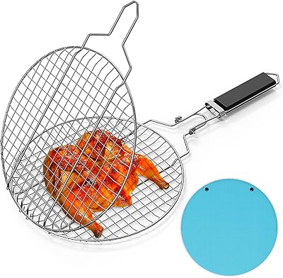 Linkidea Round Portable BBQ Grill Basket, Stainless Steel Fish Grill Basket with Removable Secure Locking Handle, Grill - Image 1