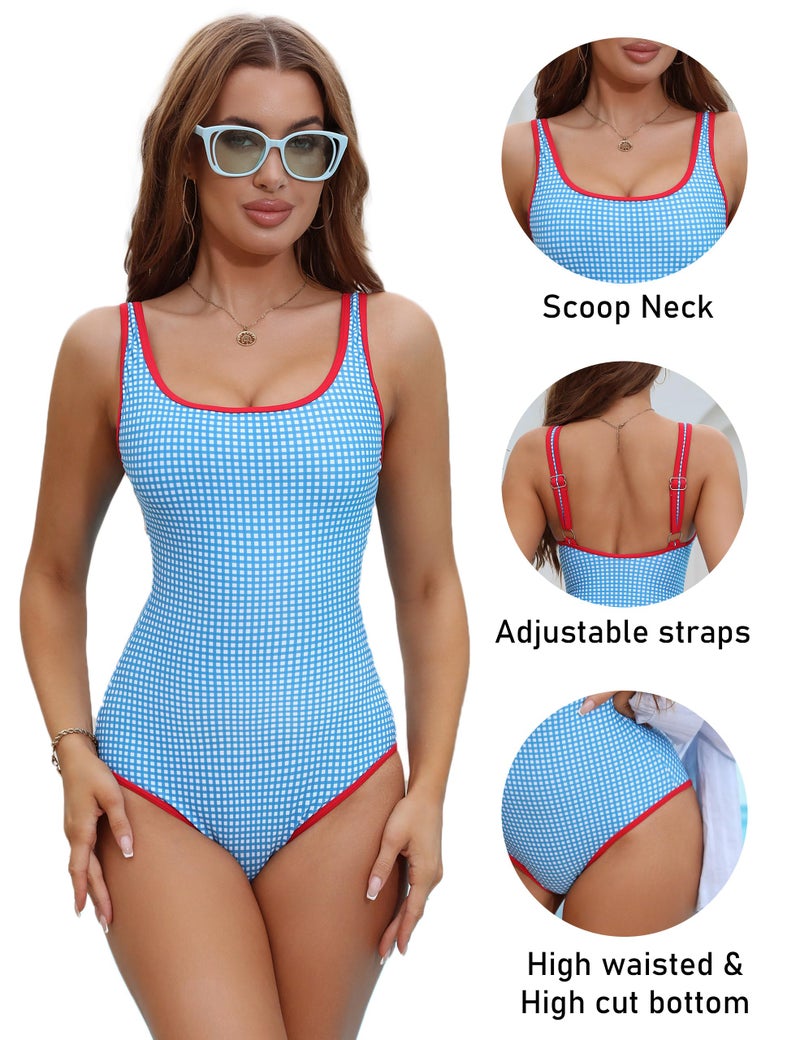 BMJL Women's Tummy Control Swimsuits Ribbed One Piece Bathing Suit Slimming High Cut Monokini Swimwear(M,Blue Plaid/Red) - Image 4