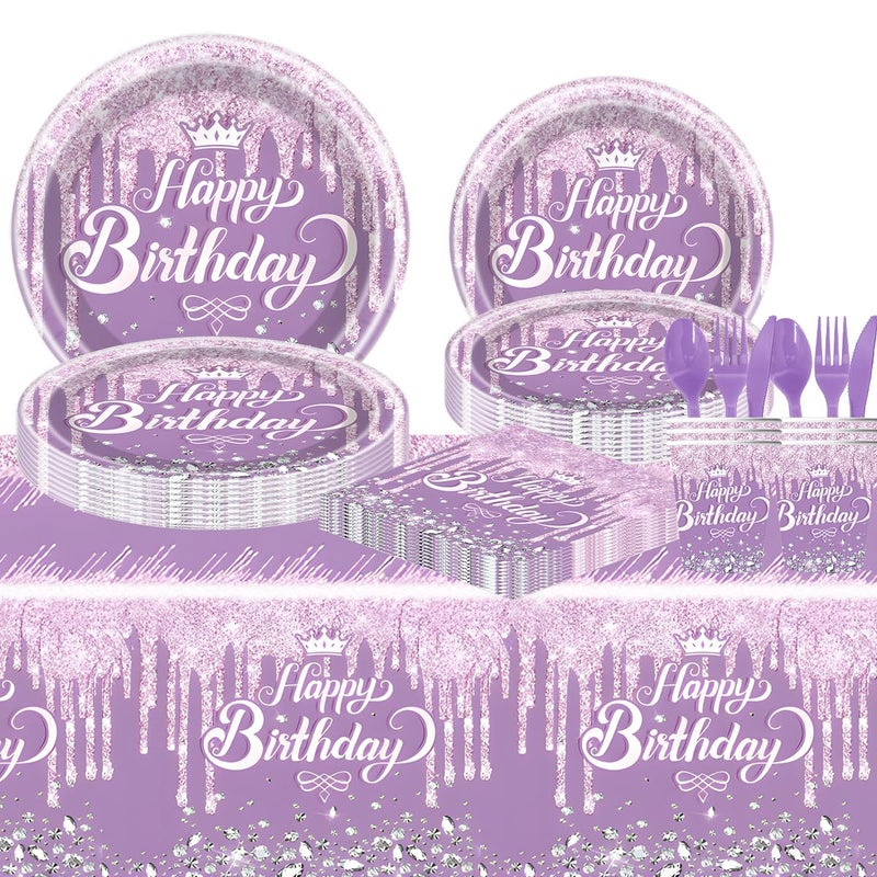 Ou Rui 81Pcs Diamond Party Tableware Set Sparkling Diamonds Party Decoration for Girls and Women Birthday Party Supplies (Purple) - Image 4