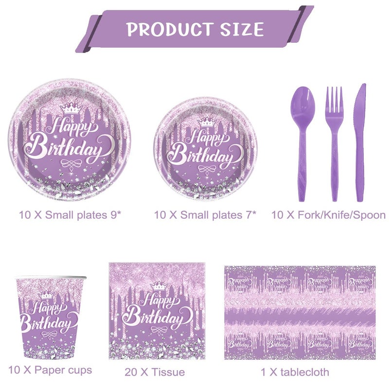 Ou Rui 81Pcs Diamond Party Tableware Set Sparkling Diamonds Party Decoration for Girls and Women Birthday Party Supplies (Purple) - Image 5