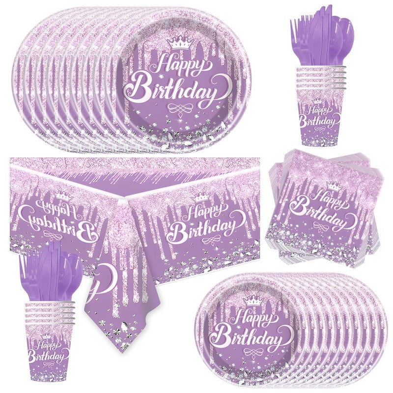 Ou Rui 81Pcs Diamond Party Tableware Set Sparkling Diamonds Party Decoration for Girls and Women Birthday Party Supplies (Purple) - Image 1