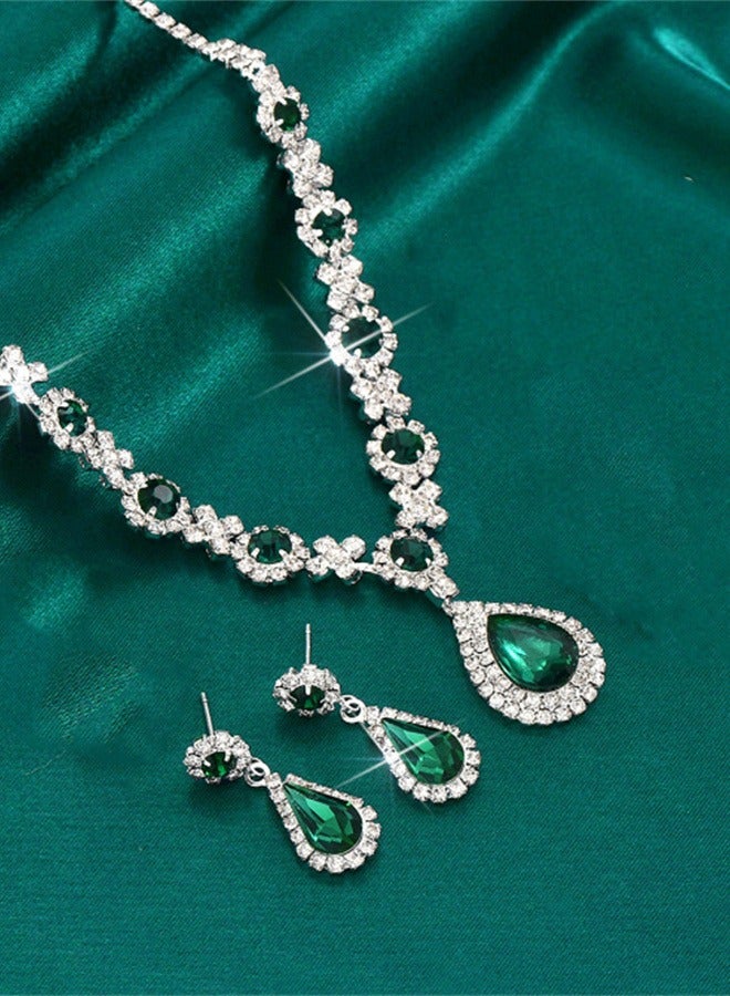 مجموعة من 3 قطع من أقراط الزيركون القلادة الخضراء للنساء ، مناسبة للارتداء في العشاء والاجتماعات - Image 4