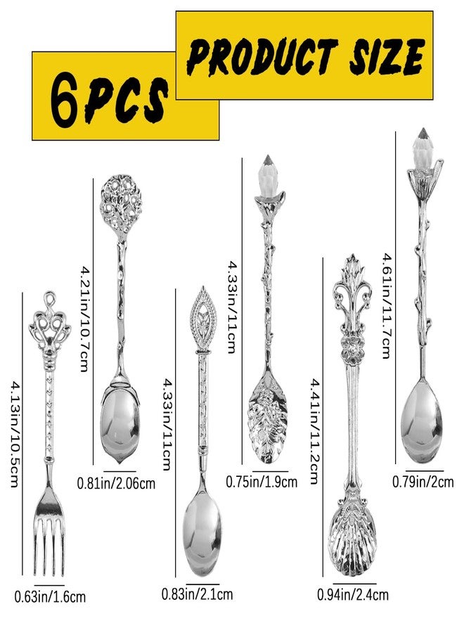 LCJAOF 6PCS Silver Vintage Teaspoon Set - Zinc Alloy Cutlery for Coffee, Desserts Cocktails,Luxe Baroque-Inspired Kitchen Tableware with Intricate Carvings - Image 2
