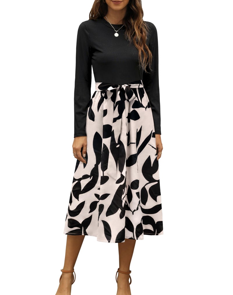Zattcas 2026 Long Sleeve Spring Fall Dresses for Women Ribbed Teacher Church Modest Business Casual Work Outfits Midi Dress Blackapricot S - Image 1