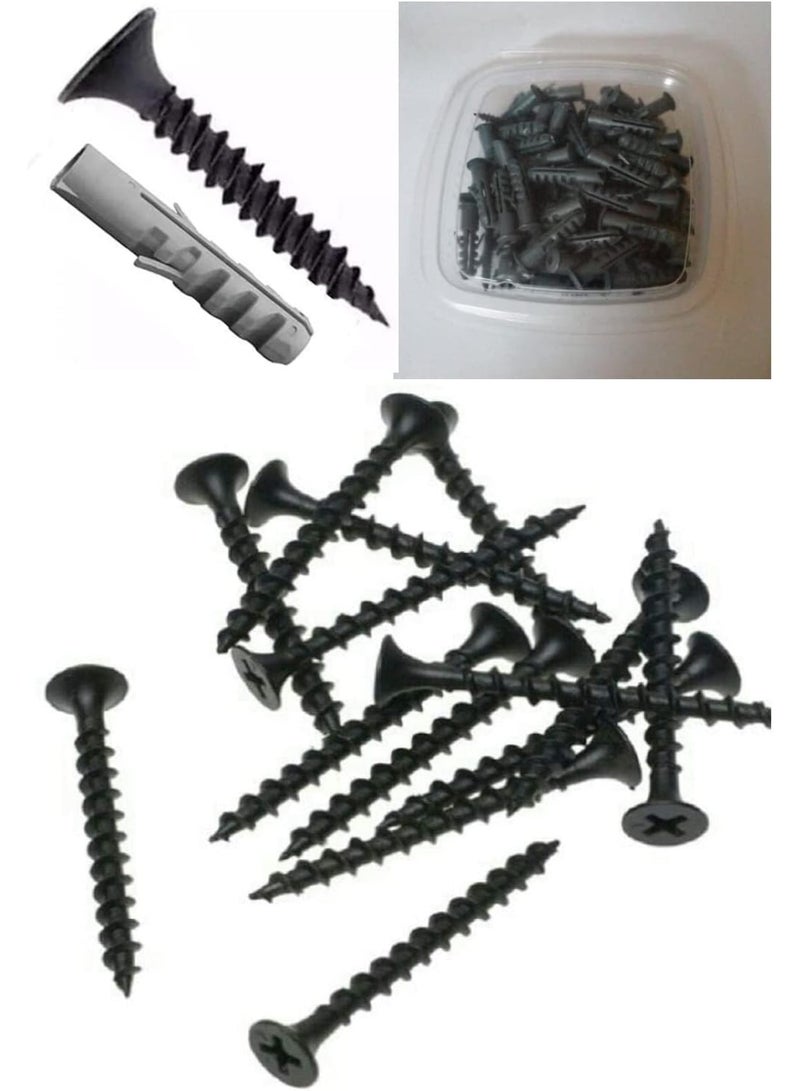 عدد 100 مسمار بورمة 6 ملم طول 3.5 سم - لون اسود، عدد 100 فيشر بلاستيك 6 مللي - Image 1