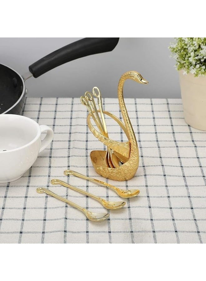 حامل ملاعق جولدن سوان مع 6 ملاعق صغيرة من الفولاذ المقاوم للصدأ للحلوى والقهوة والسكر وأدوات المائدة وأدوات المطبخ للاستخدام المنزلي - Image 4