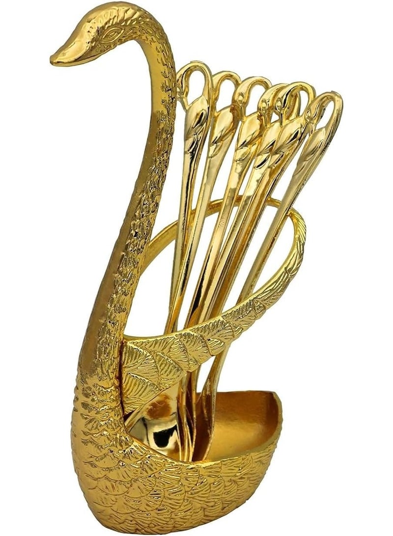 حامل ملاعق جولدن سوان مع 6 ملاعق صغيرة من الفولاذ المقاوم للصدأ للحلوى والقهوة والسكر وأدوات المائدة وأدوات المطبخ للاستخدام المنزلي - Image 1