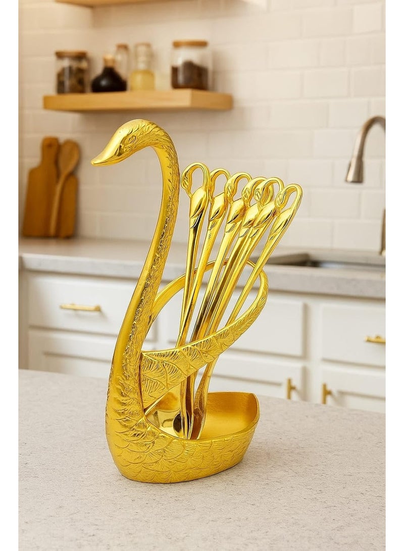 حامل ملاعق جولدن سوان مع 6 ملاعق صغيرة من الفولاذ المقاوم للصدأ للحلوى والقهوة والسكر وأدوات المائدة وأدوات المطبخ للاستخدام المنزلي - Image 2