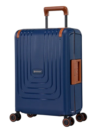 eminent Vertica Hard Case Travel Bag Cabin Luggage Trolley Polypropylene Lightweight Suitcase 4 Quiet Double Spinner Wheels With TSA Lock B0006 Dark Blue Brown Trim