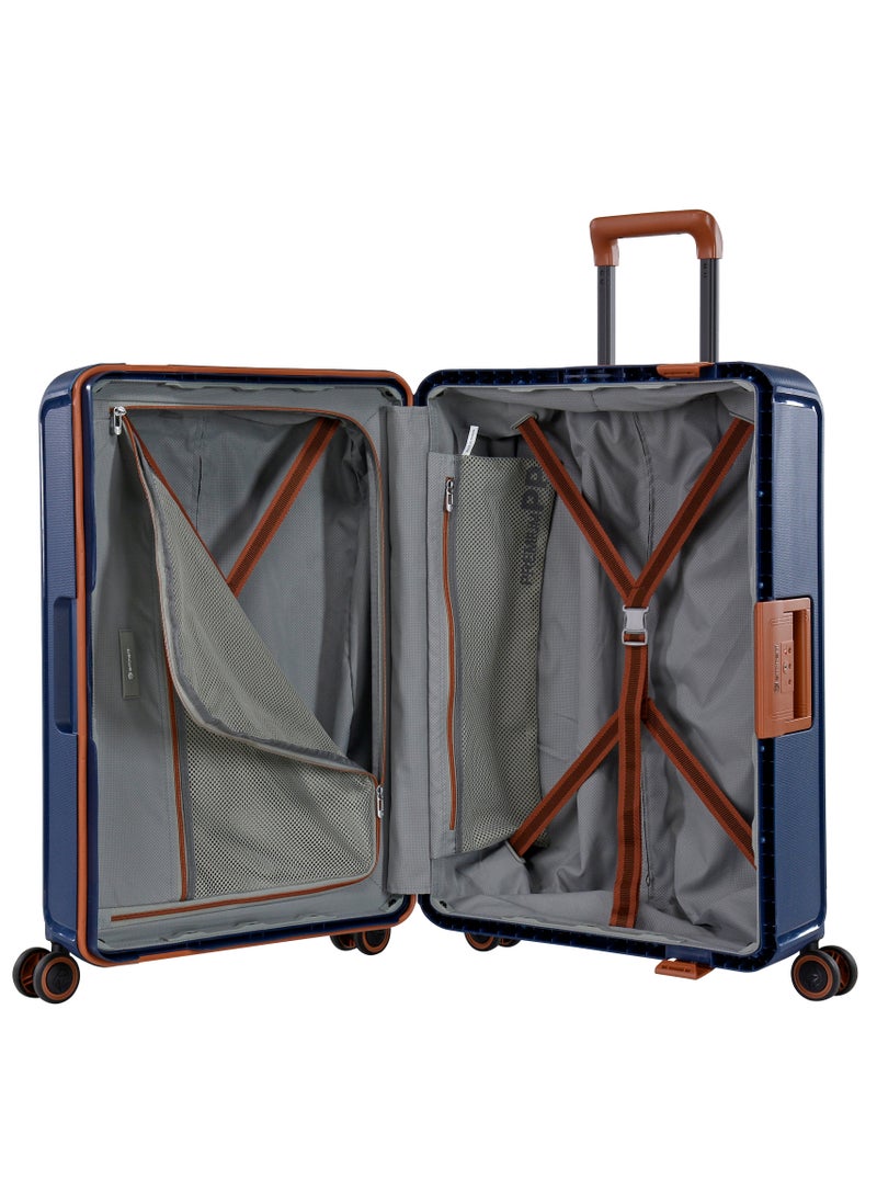 eminent - Vertica Hard Case Travel Bag Cabin Luggage Trolley Polypropylene Lightweight Suitcase 4 Quiet Double Spinner Wheels With TSA Lock B0006 Dark Blue Brown Trim - Image 1