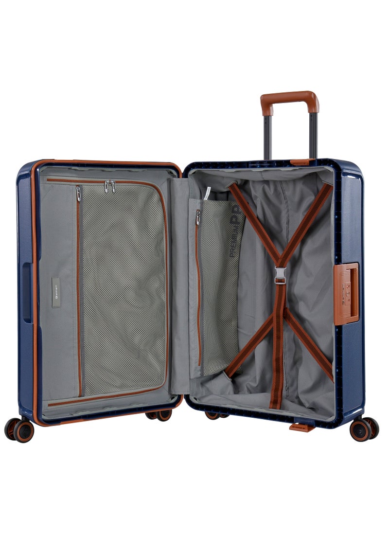 eminent - Vertica Hard Case Travel Bag Cabin Luggage Trolley Polypropylene Lightweight Suitcase 4 Quiet Double Spinner Wheels With TSA Lock B0006 Dark Blue Brown Trim - Image 1
