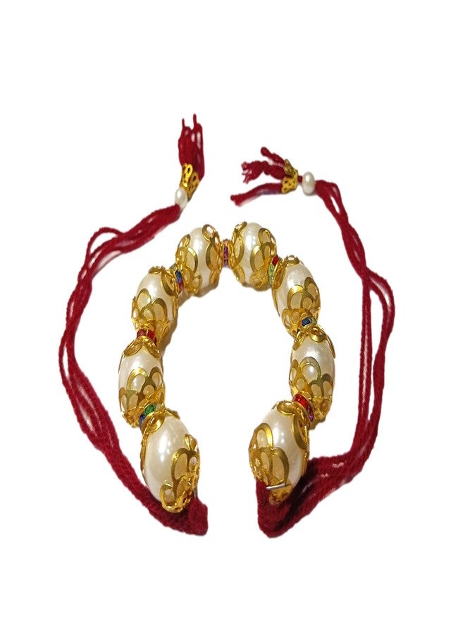 ATHZ Bhabhi Lumba Rakhi White Moti Beads Within Golden casing Maroon Thread Made in India Rakhis for Women Girls bhabhi (Maroon) - Image 4