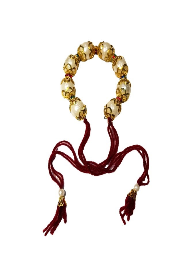 ATHZ Bhabhi Lumba Rakhi White Moti Beads Within Golden casing Maroon Thread Made in India Rakhis for Women Girls bhabhi (Maroon) - Image 1