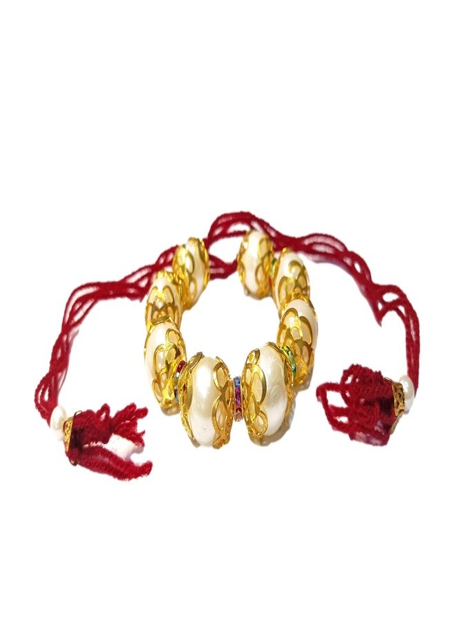 ATHZ Bhabhi Lumba Rakhi White Moti Beads Within Golden casing Maroon Thread Made in India Rakhis for Women Girls bhabhi (Maroon) - Image 2