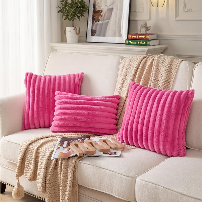 DEELAND Pack of 2 Double-Sided Faux Fur Plush Decorative Throw Pillow Covers Fuzzy Striped Soft Pillowcase Cushion Covers for Sofa Couch Bedroom Hotpink 16x16 inch - Image 4