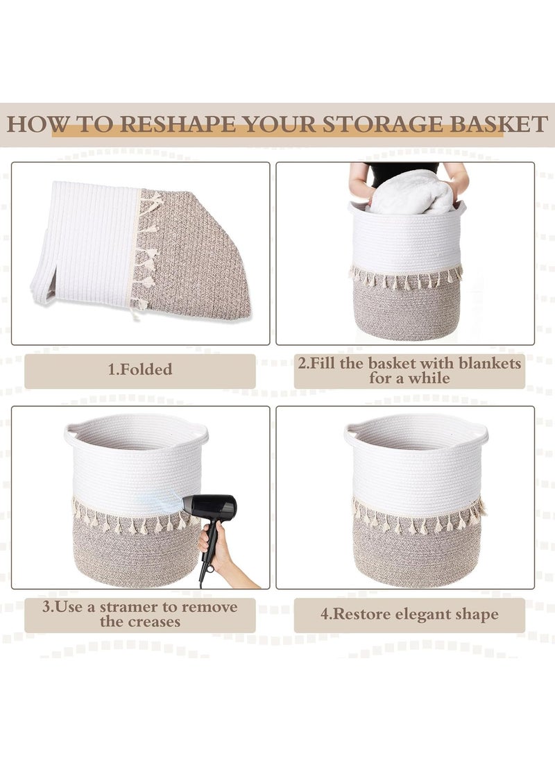 RUGSZONE RUGSZONE 2 Pcs Boho Laundry Hamper 157 x 138 Blanket Basket with Handles Clothes Hampers Tall Woven Rope Storage Basket for Living Room Bathroom BedroomWhite Brown  - Image 4