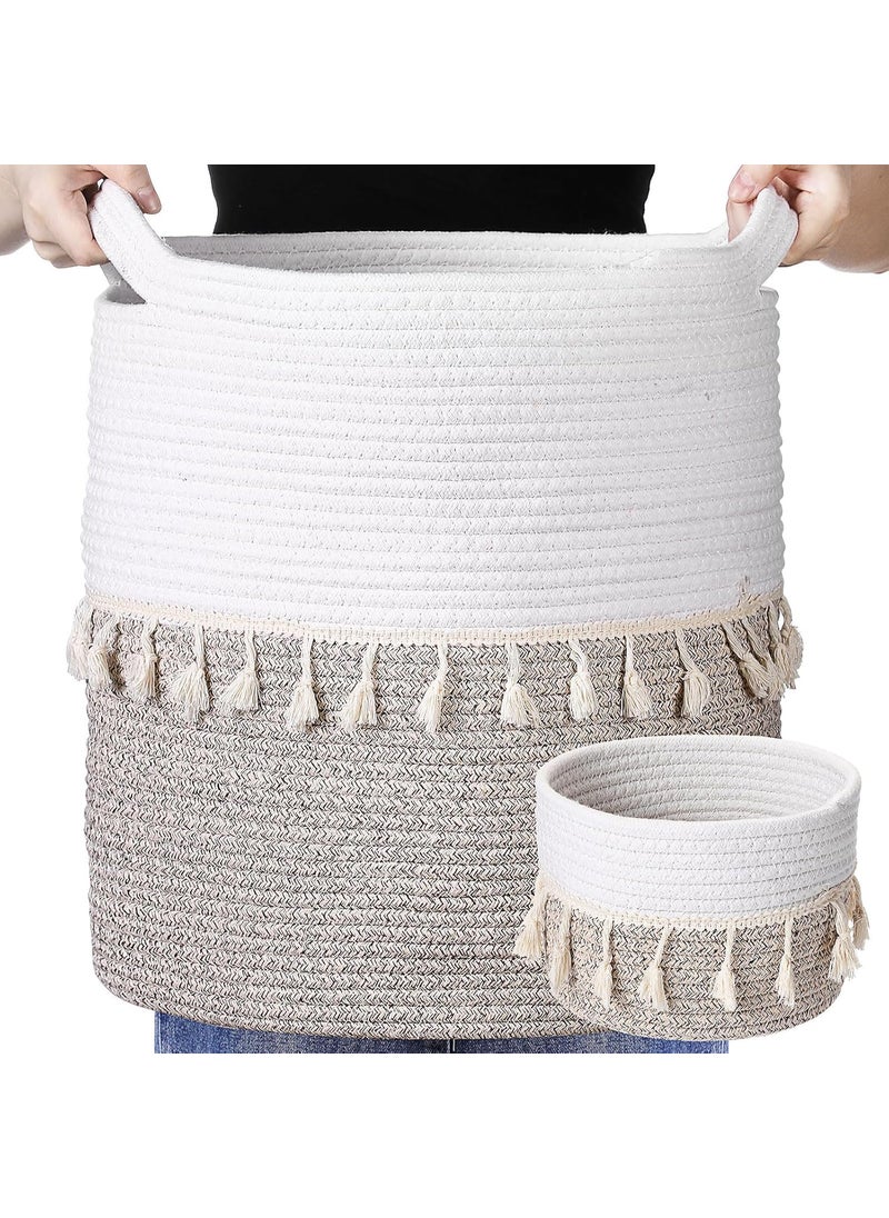 RUGSZONE RUGSZONE 2 Pcs Boho Laundry Hamper 157 x 138 Blanket Basket with Handles Clothes Hampers Tall Woven Rope Storage Basket for Living Room Bathroom BedroomWhite Brown  - Image 2