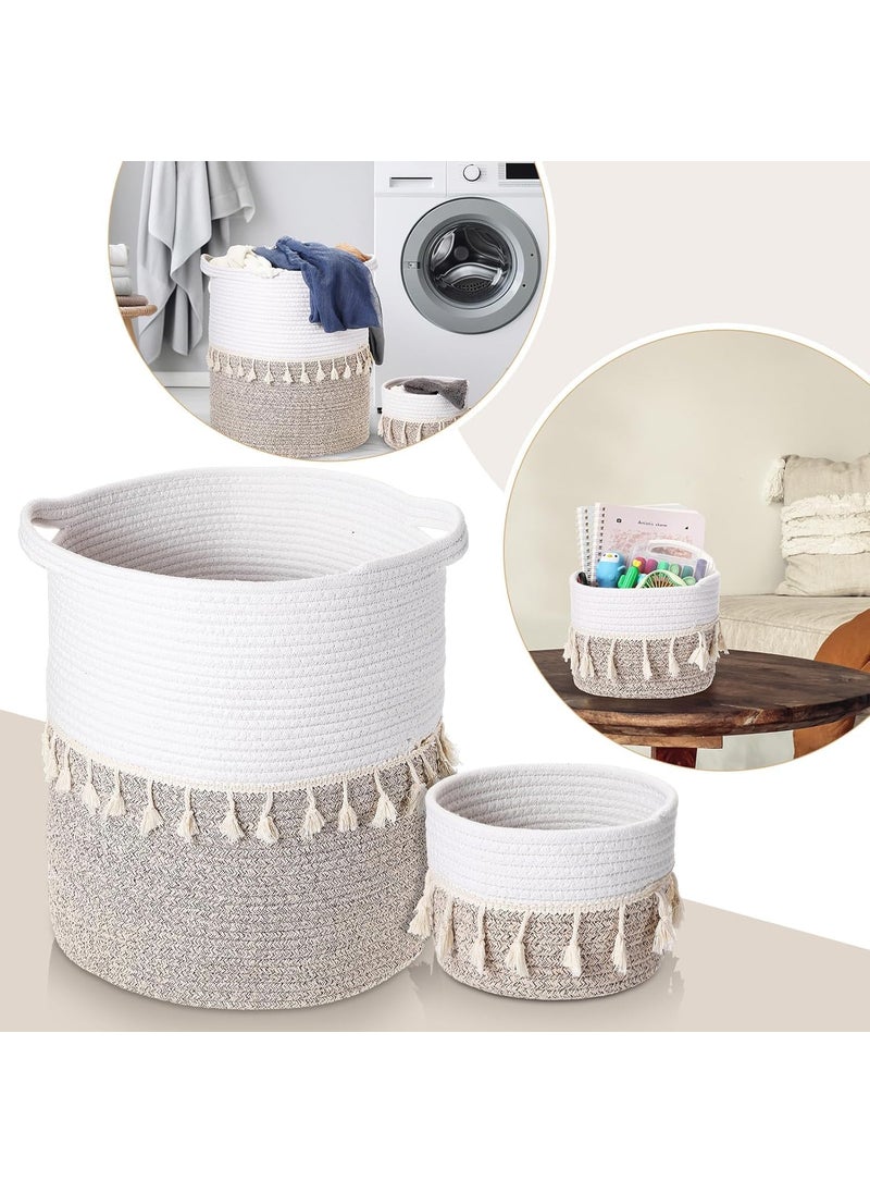 RUGSZONE RUGSZONE 2 Pcs Boho Laundry Hamper 157 x 138 Blanket Basket with Handles Clothes Hampers Tall Woven Rope Storage Basket for Living Room Bathroom BedroomWhite Brown  - Image 5