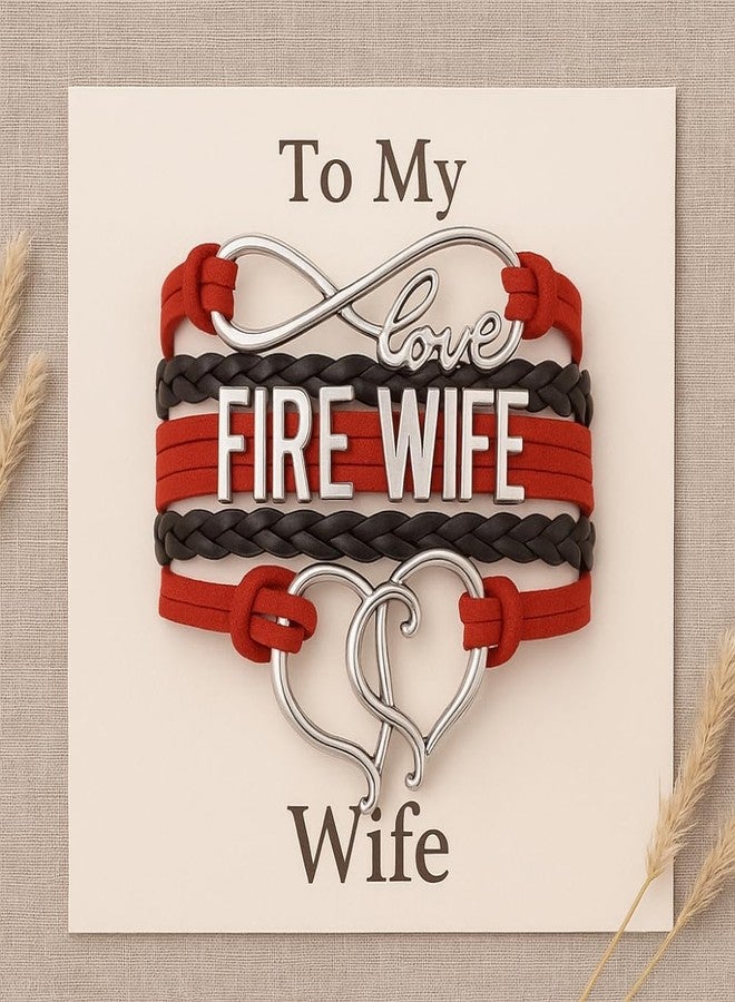 إنفينيتي كوليكشن سوار زوجة رجل الإطفاء - سوار جلدي قابل للتعديل باللونين الأحمر والأسود، مزين برموز الحب اللانهائي والقلوب، هدية مثالية لزوجة رجل الإطفاء تقديراً ودعماً أو في ذكرى زواجهما. - Image 2
