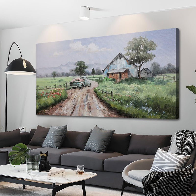 Arjun Farm Landscape Painting, 40x20 inches Canvas Wall Art, Modern Rural Natural Scenery for Living Room, Bedroom, Bathroom, Office Wall Decor - Image 1