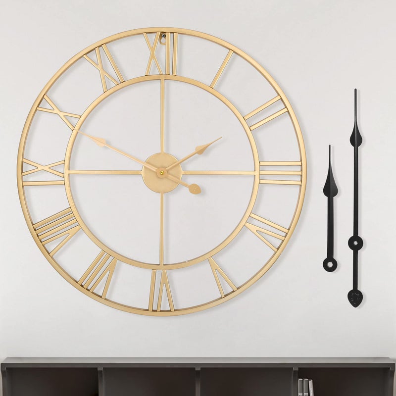LEIKE Large Modern Wall Clocks24 Gold MetalRusticRoundSilent Non TickingBattery Operated Roman Numerals Clock for Living RoomBedroomKitchen Wall DecorGold 60cm