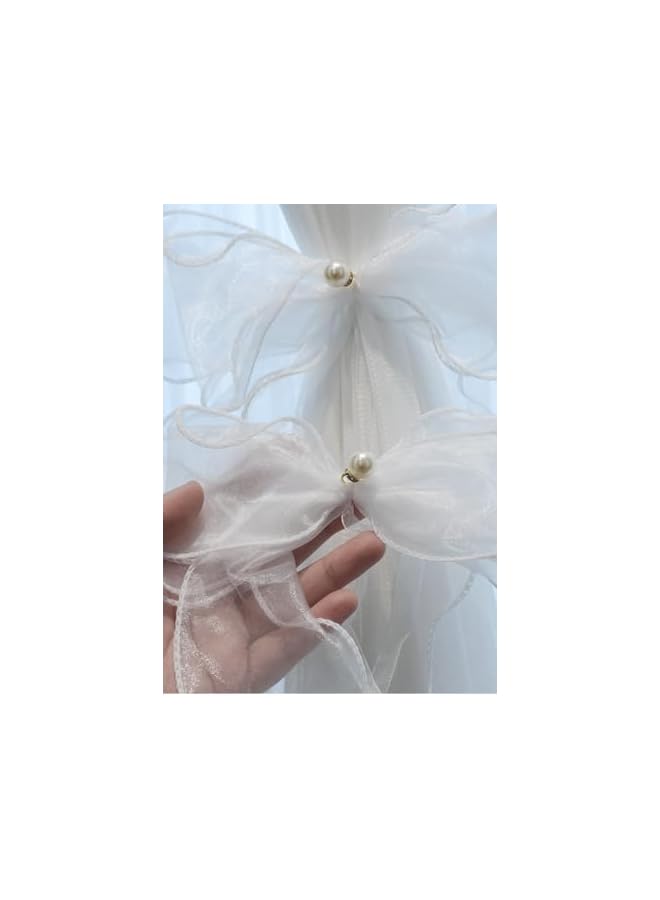 The Bros 2 قطع أربطة ستائر على شكل قوس، أربطة ستائر فراشة مع لآلئ، أربطة ستائر على شكل عقدة، حزام لؤلؤي مزخرف، مثبتات ستائر، حامل قماش، لحفلات الزفاف، ديكور منزلي، أبيض - Image 2