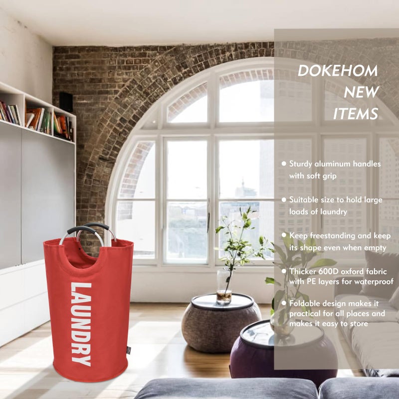 DOKEHOM 90L Large Laundry Basket, Collapsible Laundry Bag, Freestanding Tall Clothes Hamper, Foldable Washing Bin (Red) - Image 2