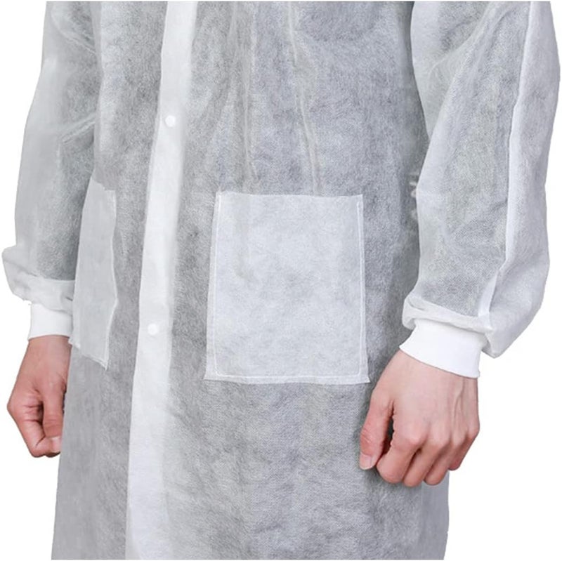 Greenour Disposable Lab Coats for Adults Pack of 10 White Coat 3 Pockets with Knitted Cuffs and Collar (Small-2XL) - Image 4