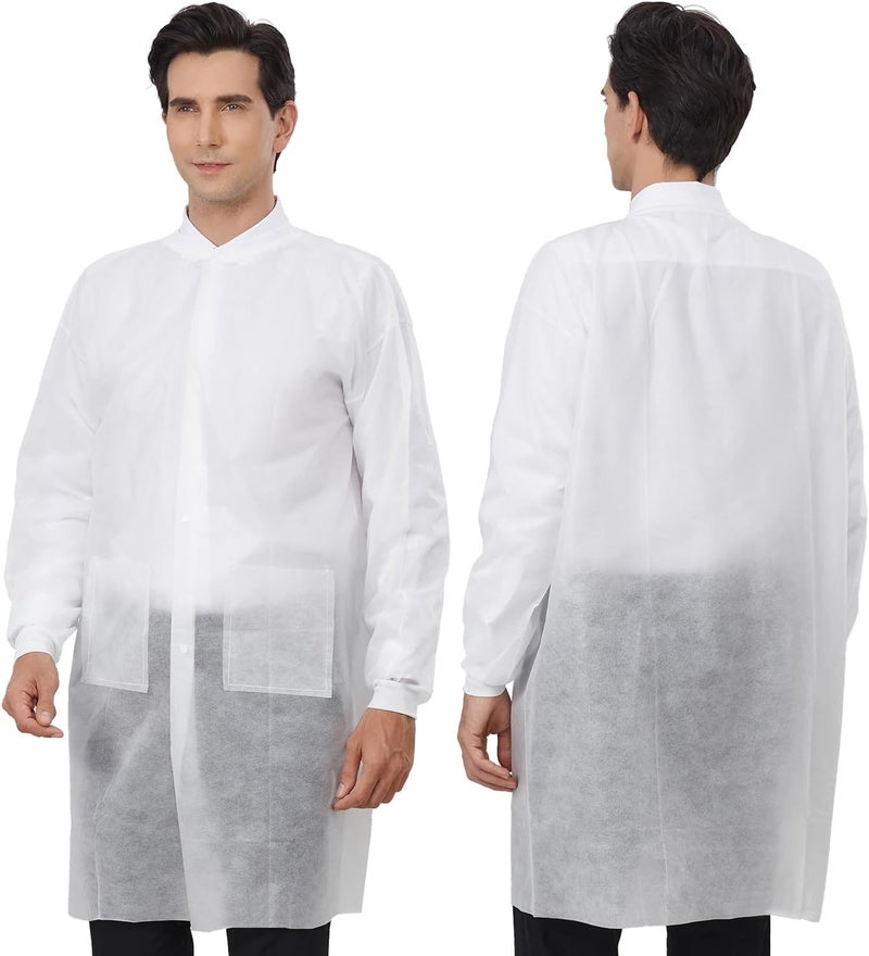 Greenour Disposable Lab Coats for Adults Pack of 10 White Coat 3 Pockets with Knitted Cuffs and Collar (Small-2XL) - Image 1