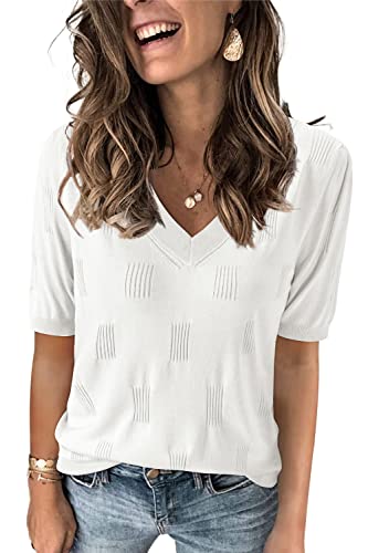 Arach&Cloz Women's Summer Fall Tops 2025 Short Sleeve Plus Size Lightweight Sweaters V Neck Trendy Fashion Knit Clothes Clothing Dressy Cute Casual Outfits Business Work Blouse Beige Off White S - Image 5