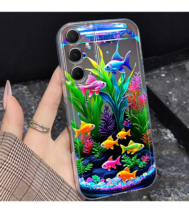 حافظة هاتف من نوع Galaxy A02 بألوان متعددة، طباعة إبداعية ملونة لحوض السمك مع نباتات مائية ونمط سمكة صغيرة - Image 1