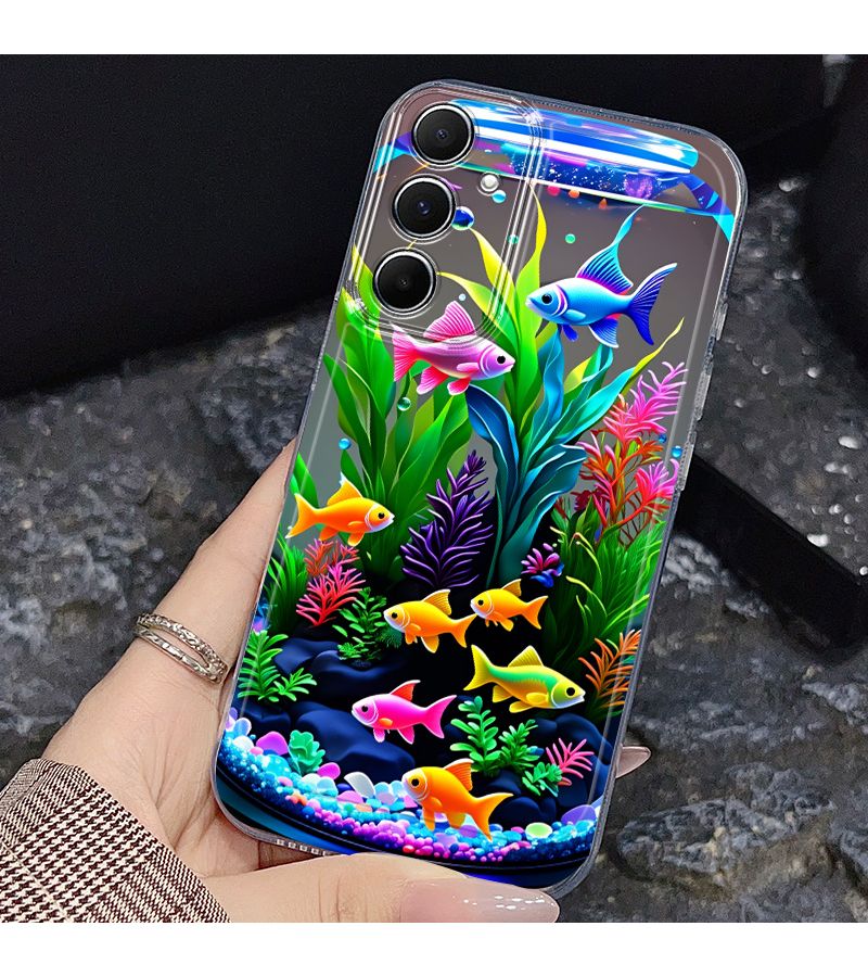 حافظة هاتف من نوع Galaxy A02 بألوان متعددة، طباعة إبداعية ملونة لحوض السمك مع نباتات مائية ونمط سمكة صغيرة - Image 3