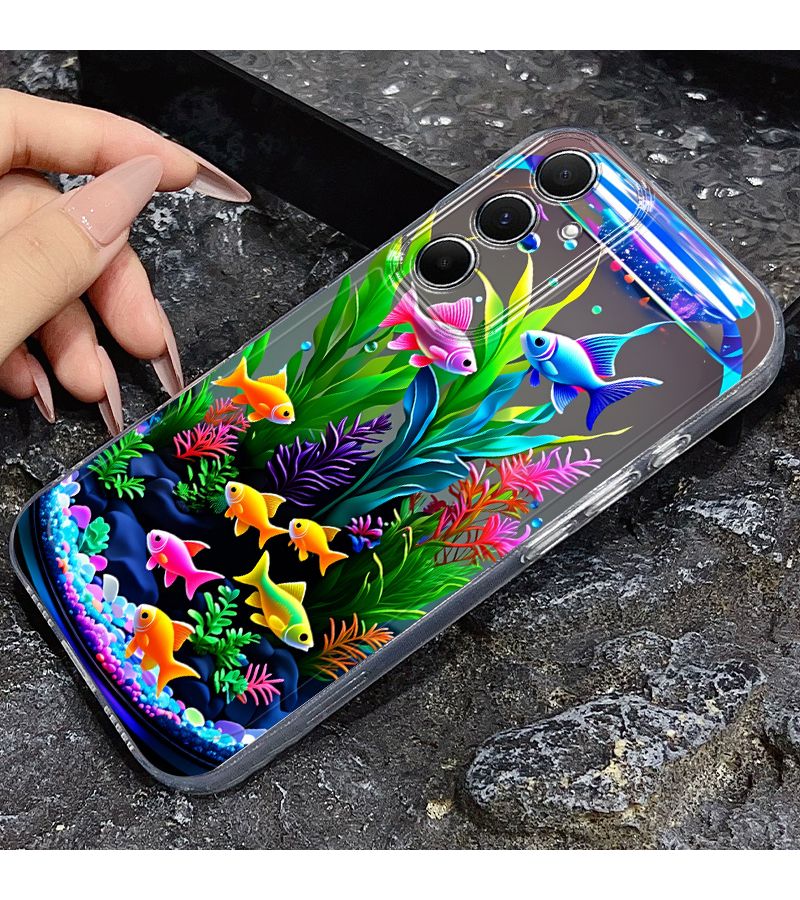 حافظة هاتف من نوع Galaxy A02 بألوان متعددة، طباعة إبداعية ملونة لحوض السمك مع نباتات مائية ونمط سمكة صغيرة - Image 2