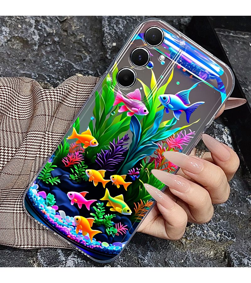 حافظة هاتف من نوع Galaxy A02 بألوان متعددة، طباعة إبداعية ملونة لحوض السمك مع نباتات مائية ونمط سمكة صغيرة - Image 4