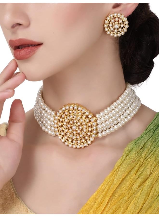 Shining Diva Fashion 18K Gold Plated Latest Choker Design Traditional Stylish Fancy Pearl Necklace Jewelery Set For Women  - Image 2