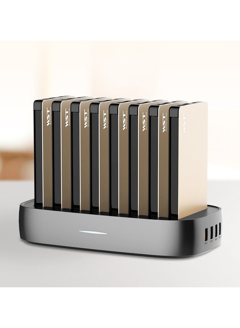 دبليو إس تي محطة شحن WST باور بانك 8 في 1 - بطارية محمولة مع كابل مدمج متوافق مع Lightning و USB-C و Micro USB - شحن سريع - نحيف ومدمج بسعة 8000 مللي أمبير - متوافق مع iPhone و Samsung و iPad (ذهب) - Image 1