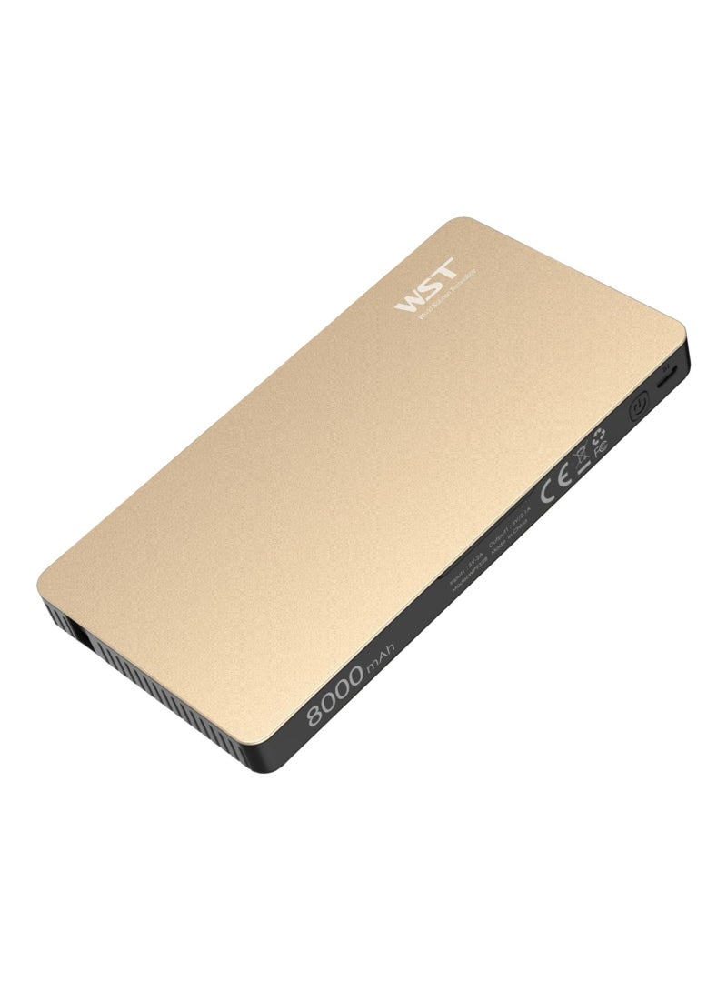 دبليو إس تي محطة شحن WST باور بانك 8 في 1 - بطارية محمولة مع كابل مدمج متوافق مع Lightning و USB-C و Micro USB - شحن سريع - نحيف ومدمج بسعة 8000 مللي أمبير - متوافق مع iPhone و Samsung و iPad (ذهب) - Image 2