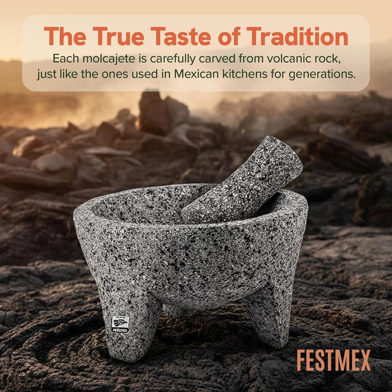 FESTMEX طقم مدقة وهاون مكسيكي مصنوع يدويًا - 8 بوصات، مولكاجيت مكسيكانو - أدوات الطهي المكسيكية المثالية كأطباق صلصة، وعاء غواكامولي ومدقة، مطرقة للمطبخ مصنوعة من الصخور البركانية في المكسيك - Image 5