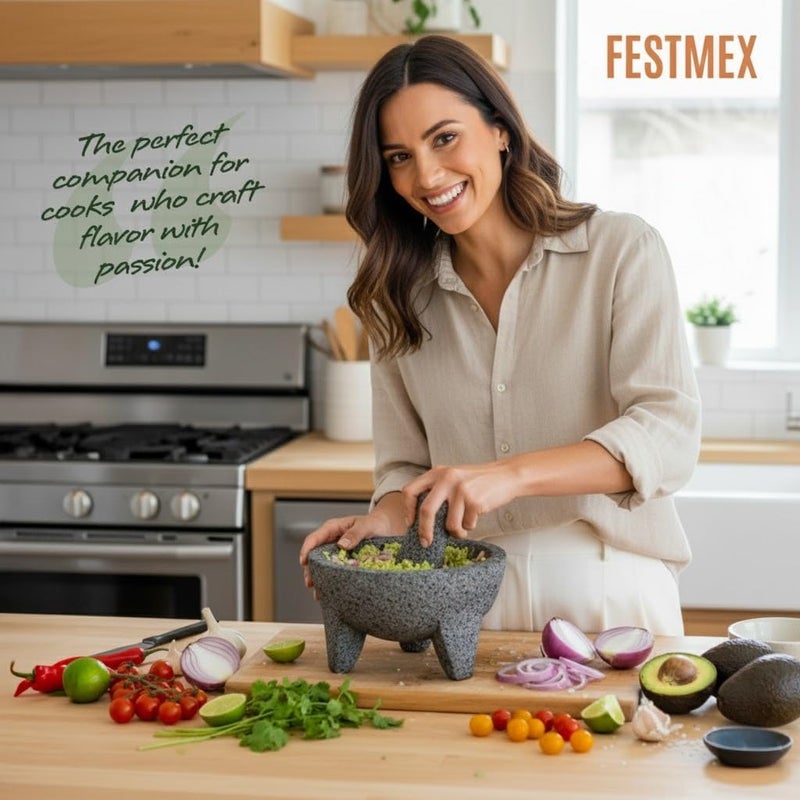 FESTMEX طقم مدقة وهاون مكسيكي مصنوع يدويًا - 8 بوصات، مولكاجيت مكسيكانو - أدوات الطهي المكسيكية المثالية كأطباق صلصة، وعاء غواكامولي ومدقة، مطرقة للمطبخ مصنوعة من الصخور البركانية في المكسيك - Image 4