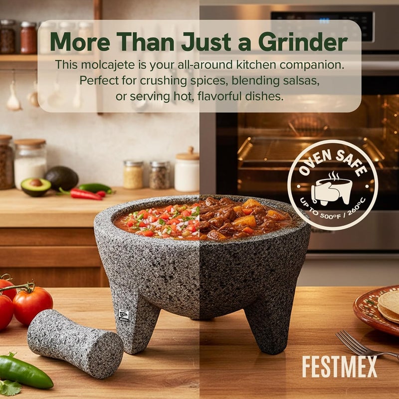 FESTMEX طقم مدقة وهاون مكسيكي مصنوع يدويًا - 8 بوصات، مولكاجيت مكسيكانو - أدوات الطهي المكسيكية المثالية كأطباق صلصة، وعاء غواكامولي ومدقة، مطرقة للمطبخ مصنوعة من الصخور البركانية في المكسيك - Image 3