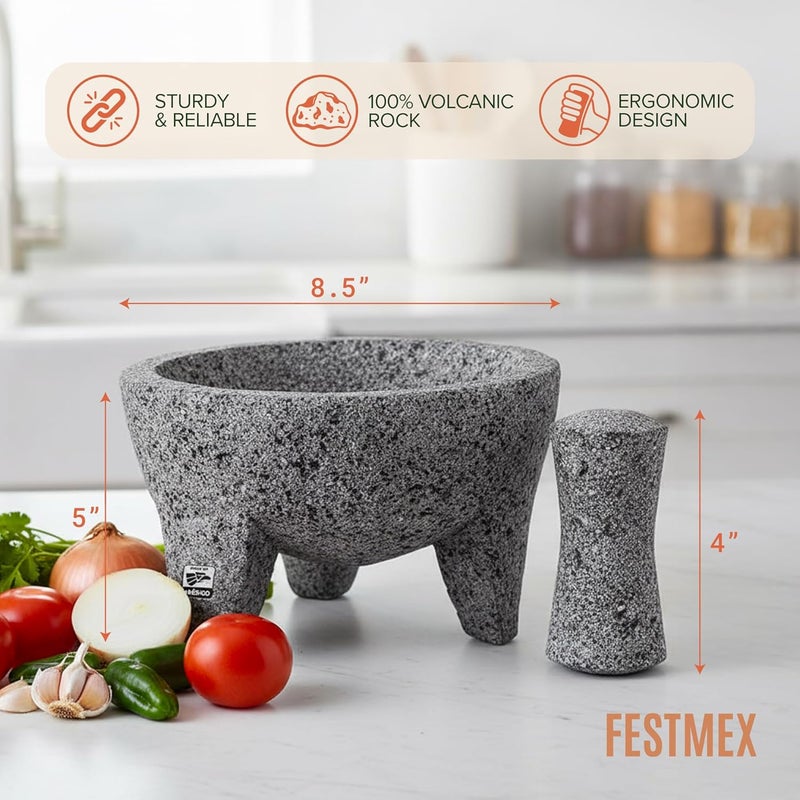 FESTMEX طقم مدقة وهاون مكسيكي مصنوع يدويًا - 8 بوصات، مولكاجيت مكسيكانو - أدوات الطهي المكسيكية المثالية كأطباق صلصة، وعاء غواكامولي ومدقة، مطرقة للمطبخ مصنوعة من الصخور البركانية في المكسيك - Image 2