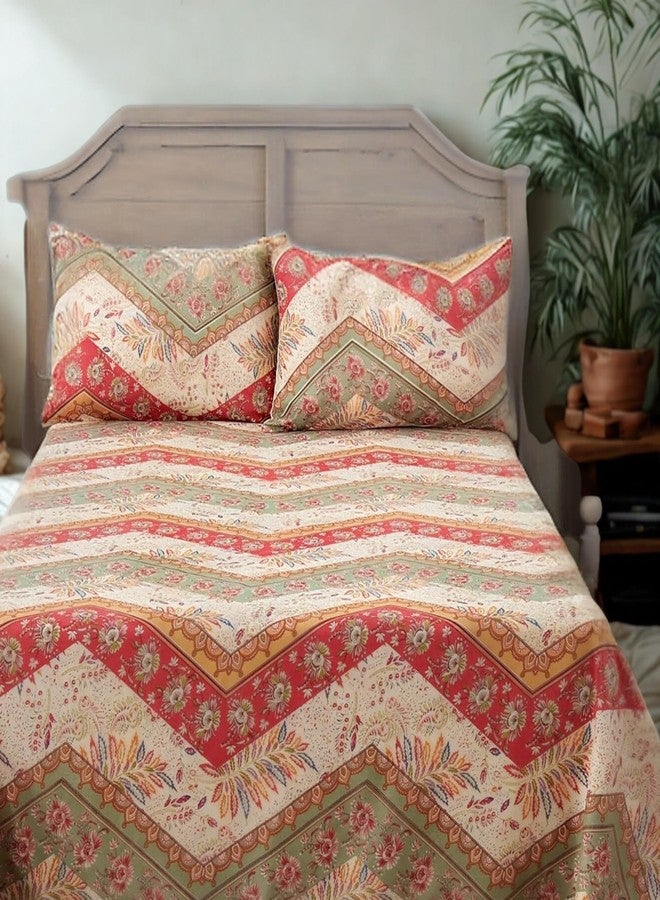 DaDa Bedding DaDalogy Bedding Botanical Floral Flat Sheet Only w/ 2 Pillowcases - Bohemian Chevron Paisley Filigree Pattern - Colorful Cranberry Red Sage Green Ivory White - Queen Size - 3-Pieces - Image 1