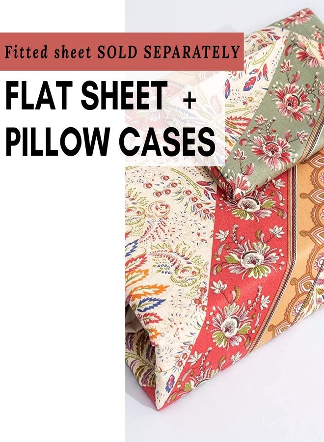 DaDa Bedding DaDalogy Bedding Botanical Floral Flat Sheet Only w/ 2 Pillowcases - Bohemian Chevron Paisley Filigree Pattern - Colorful Cranberry Red Sage Green Ivory White - Queen Size - 3-Pieces - Image 4