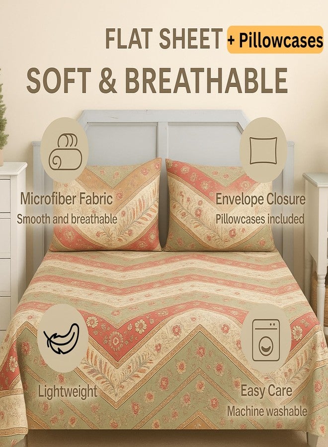 DaDa Bedding DaDalogy Bedding Botanical Floral Flat Sheet Only w/ 2 Pillowcases - Bohemian Chevron Paisley Filigree Pattern - Colorful Cranberry Red Sage Green Ivory White - Queen Size - 3-Pieces - Image 2