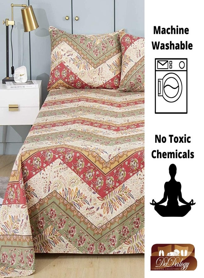DaDa Bedding DaDalogy Bedding Botanical Floral Flat Sheet Only w/ 2 Pillowcases - Bohemian Chevron Paisley Filigree Pattern - Colorful Cranberry Red Sage Green Ivory White - Queen Size - 3-Pieces - Image 3