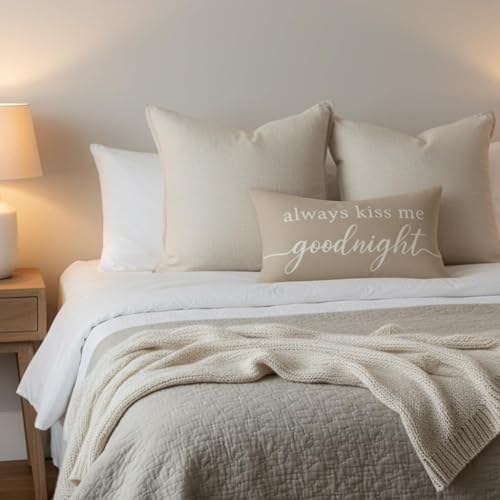HERHOME Decorative Throw Pillow Covers 12x20 Inch, Always Kiss Me Goodnight Beige Lumbar Cushion Case for Bedroom Bed Sofa Couch, Sweet Gift for Couples Wedding Anniversary Home Decor - Image 2