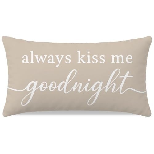 HERHOME Decorative Throw Pillow Covers 12x20 Inch, Always Kiss Me Goodnight Beige Lumbar Cushion Case for Bedroom Bed Sofa Couch, Sweet Gift for Couples Wedding Anniversary Home Decor - Image 1