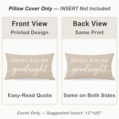 HERHOME Decorative Throw Pillow Covers 12x20 Inch, Always Kiss Me Goodnight Beige Lumbar Cushion Case for Bedroom Bed Sofa Couch, Sweet Gift for Couples Wedding Anniversary Home Decor - Image 3
