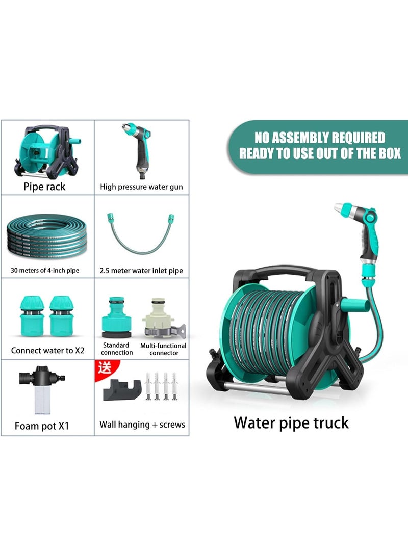 Soofam Garden Hose Reel Set, 30M Garden Hose Reel Kit Water Hose Holder, Water Guns and Water Pipe Bracket, 2M Hoses for Household Garden Watering Car Wash (Blue) - Image 2