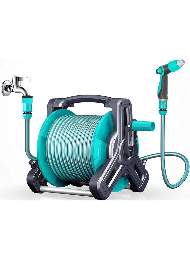 Soofam Garden Hose Reel Set, 30M Garden Hose Reel Kit Water Hose Holder, Water Guns and Water Pipe Bracket, 2M Hoses for Household Garden Watering Car Wash (Blue) - Image 1